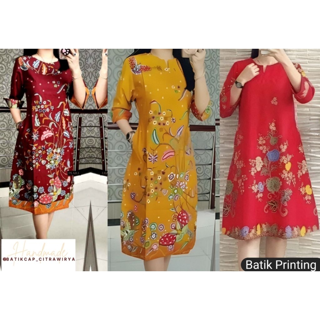 Baju Tunik Batik Printing Wanita, Bahan Unggul Jaya Warna Merah, Kuning, Maroon.