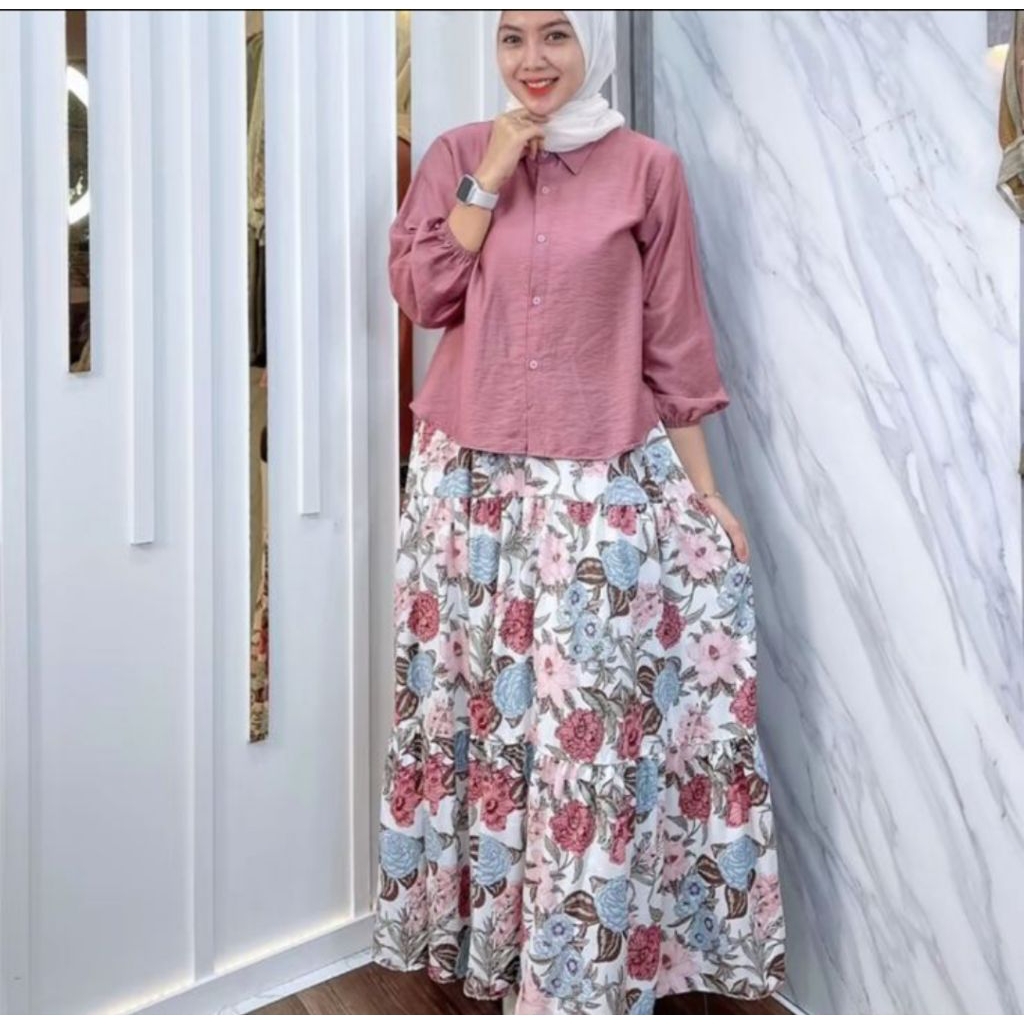 SET ROK MOTIF RAYON MIX KRINKLE - SETELAN KOMBINASI ROK MOTIF ATASAN POLOS - EKLUSIVE ONE SET ROK MO