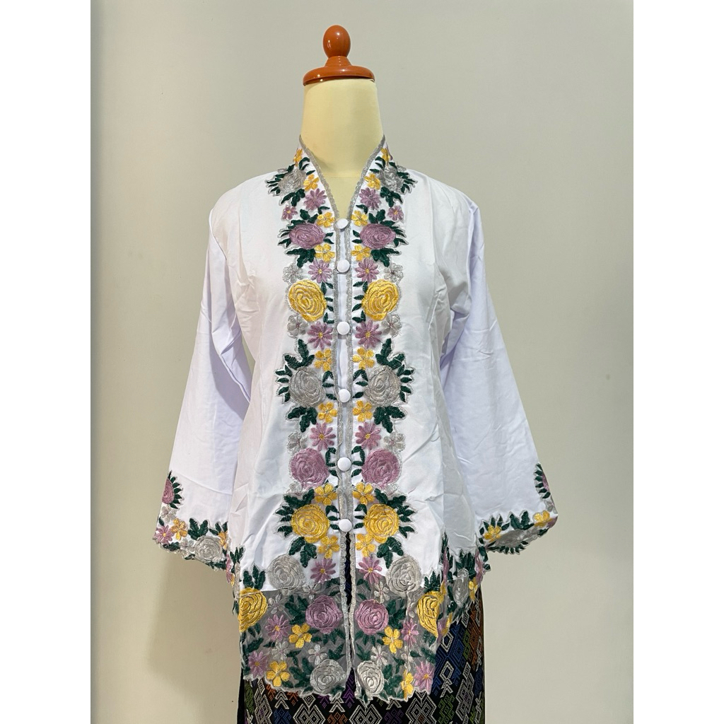 KEBAYA ENCIM WARNA SENADA MODERN BORDIR MOTIF BUNGA - PUTIH