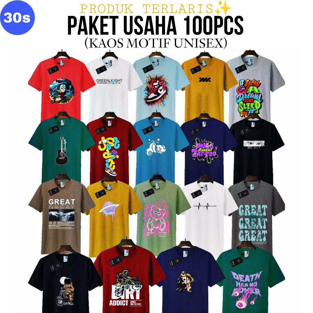 (Paket Hemat Usaha) Paket Hemat Usaha Isi 100pcs Baju Kaos Pria Wanita Unisex