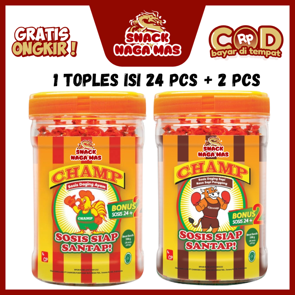 

SOSIS CHAMP SIAP MAKAN DAGING SAPI DAN DAGING AYAM [1 TOPLES ISI 24 PCS + BONUS 2 PCS]