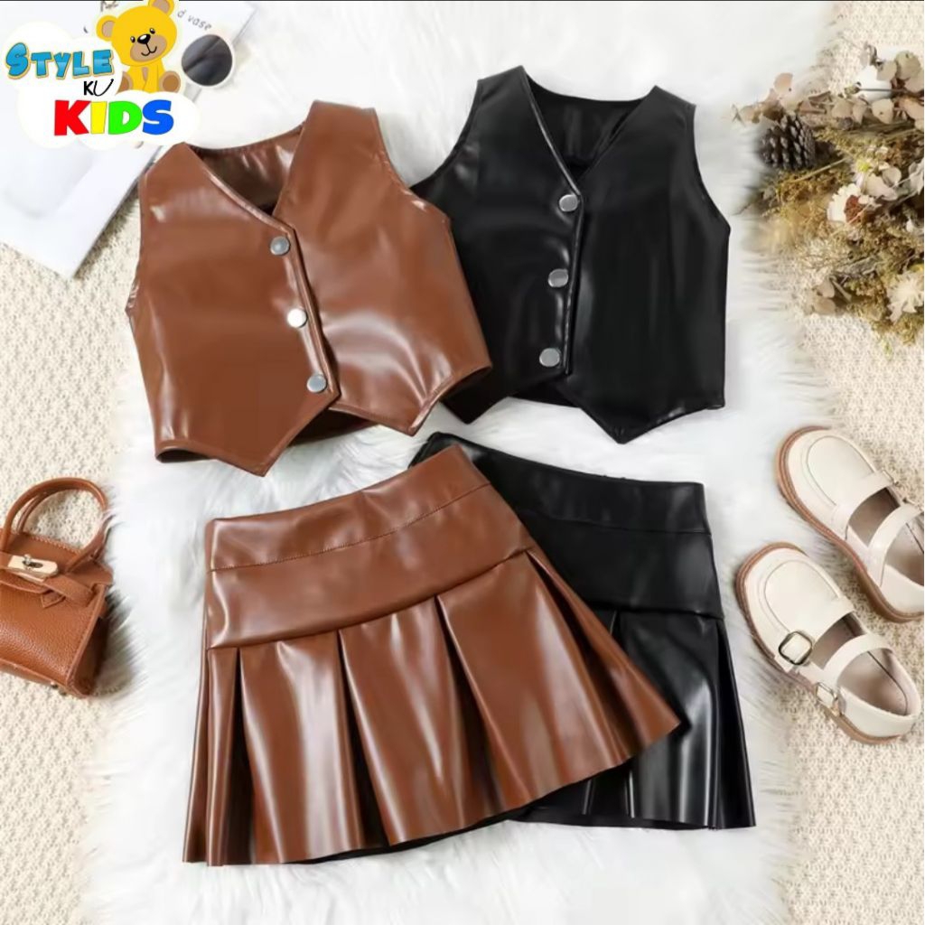 PAKET HEMAT ROMPI DAN CELANA ROK KULIT AUNTUM PAKET STELAN FASHION SHOW ANAK TERBARU