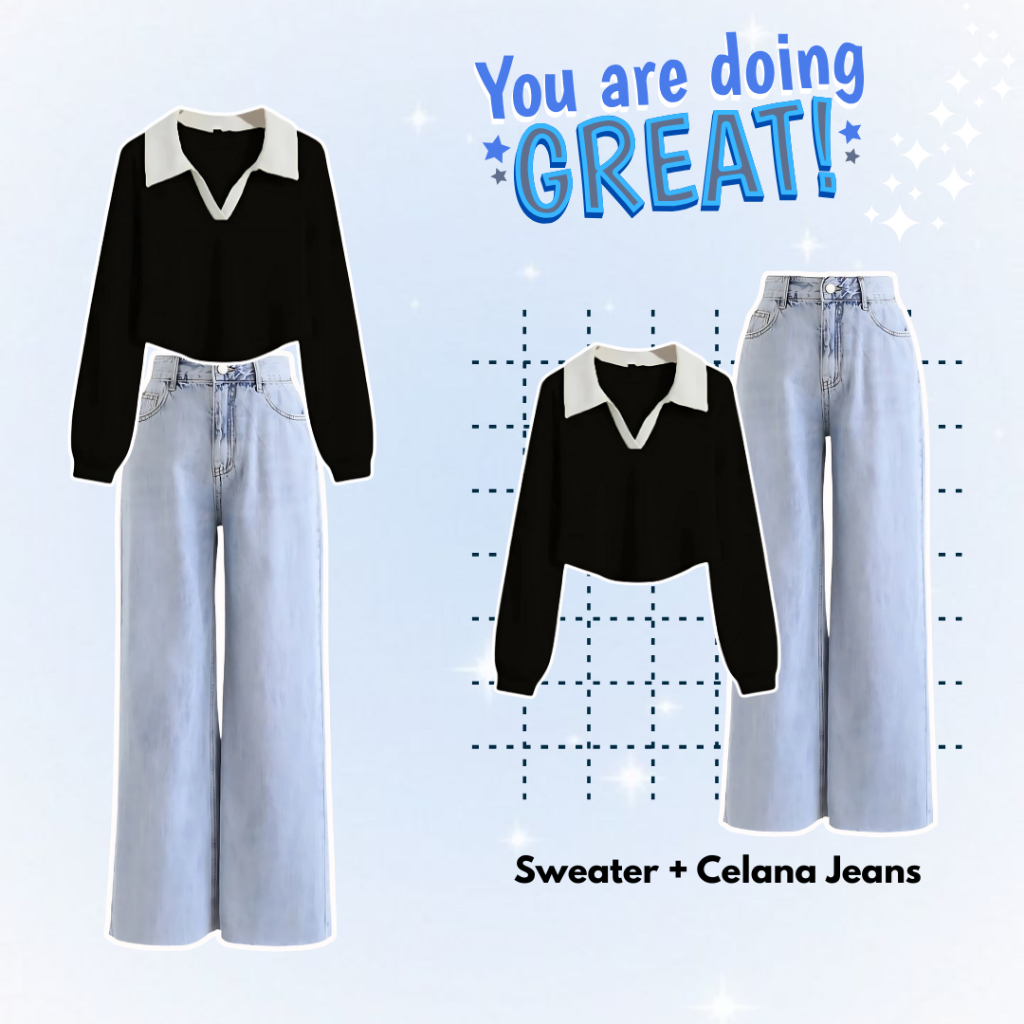 OOTD Wanita Kekinian Remaja Outfit Korean Style Cewek ( Sweater Hitam + Celana Jeans ) L026