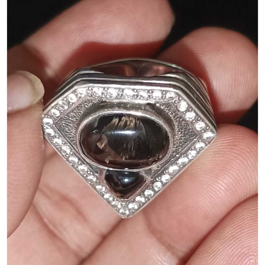 Natural Basaltic T1ger BML 2pcs Full Goyang Ring Perak 925 HM Model Superman