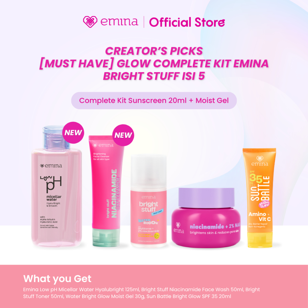 [Creator's PIck] [MUST HAVE] GLOW COMPLETE KIT EMINA BRIGHT STUFF ISI 5 (Micellar Water, Face Wash, 