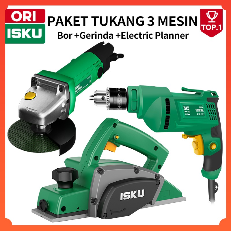 PAKET TUKANG 3 MESIN ISKU Bor Listrik 700W 10mm Gerinda Tangan 500W 4" Serut Kayu 450W Planer Ketam 