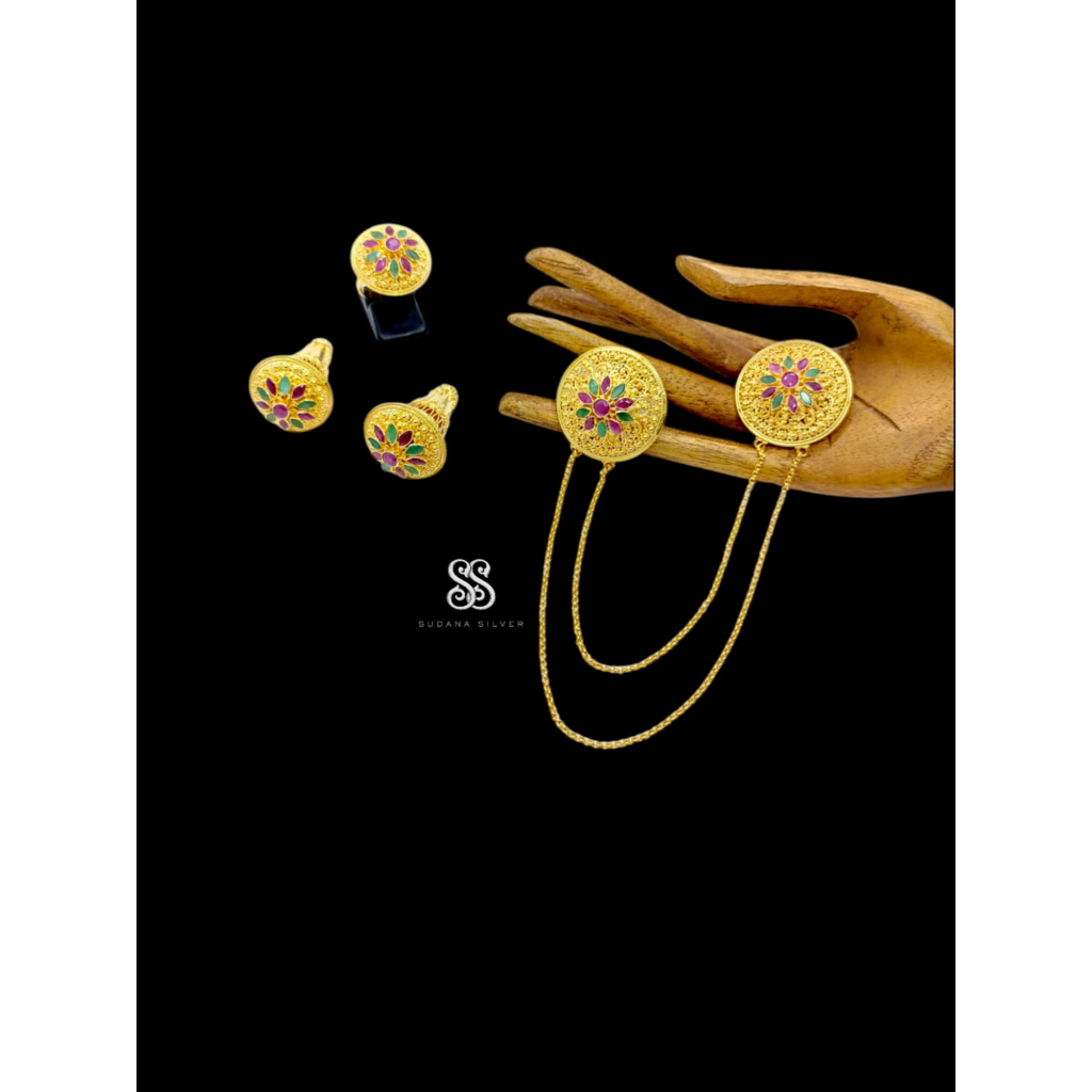 Set Perhiasan Bros Kebaya Motif Kancing Ruby Maranggi Silver 925 Gold Plated Handmade Bali