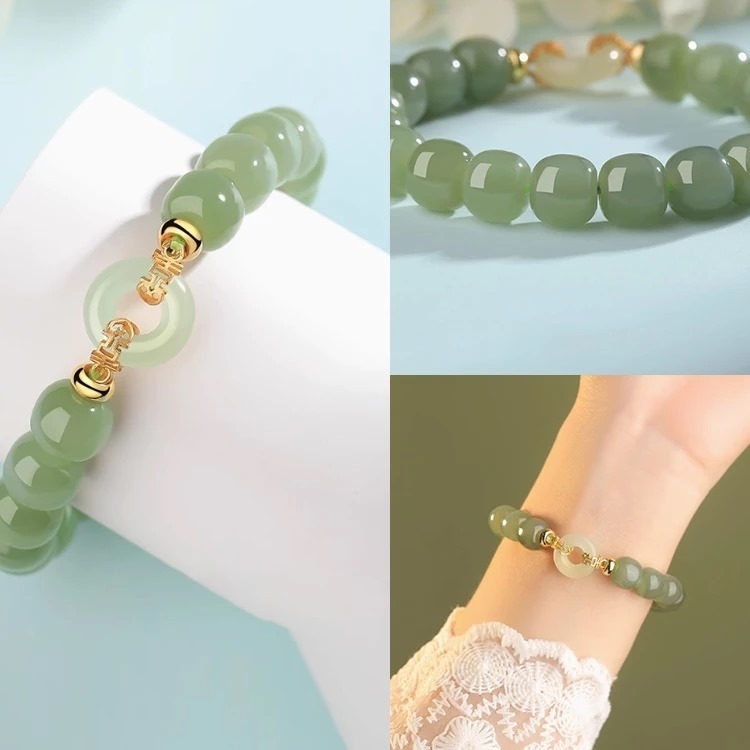 Gelang Giok Hijau Berlapis Emas Gelang Giok Cina Impor Asli Gelang Keamanan Manik-manik Dzi Estetika