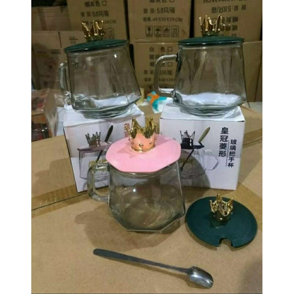Gelas Kaca Aesthetic+Tutup&Sendok/Gelas Teh&Kopi+Tutup/Thumbler Mug +Tutup