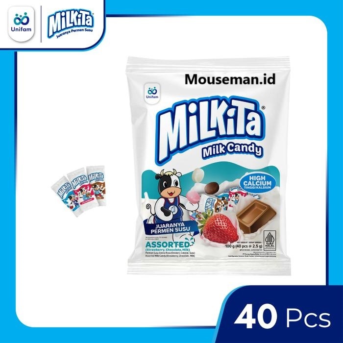 

Permen Milkita Milk Candy HIGH CALCIUM TINGGI KALSIUM JUARANYA PERMEN SUSU Unifam ASSORTED Aneka Rasa Stroberi, Cokelat, Susu ( Strawberry, Chocolate, Milk ) 100gr isi 40pcs