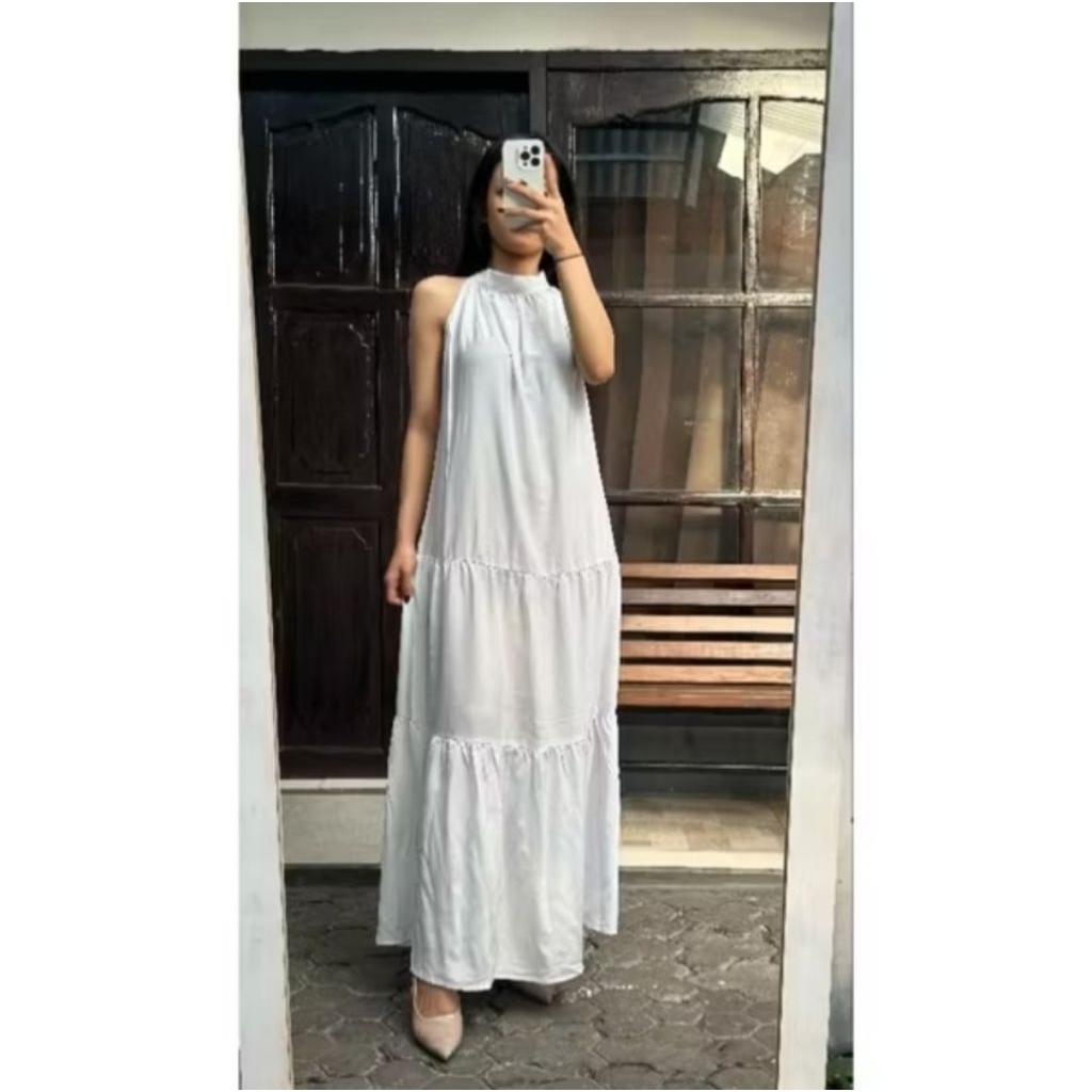 LECIA DRESS TALI PITA MOTIF & POLOS DRES PANTAI WARNA PUTIH/BW