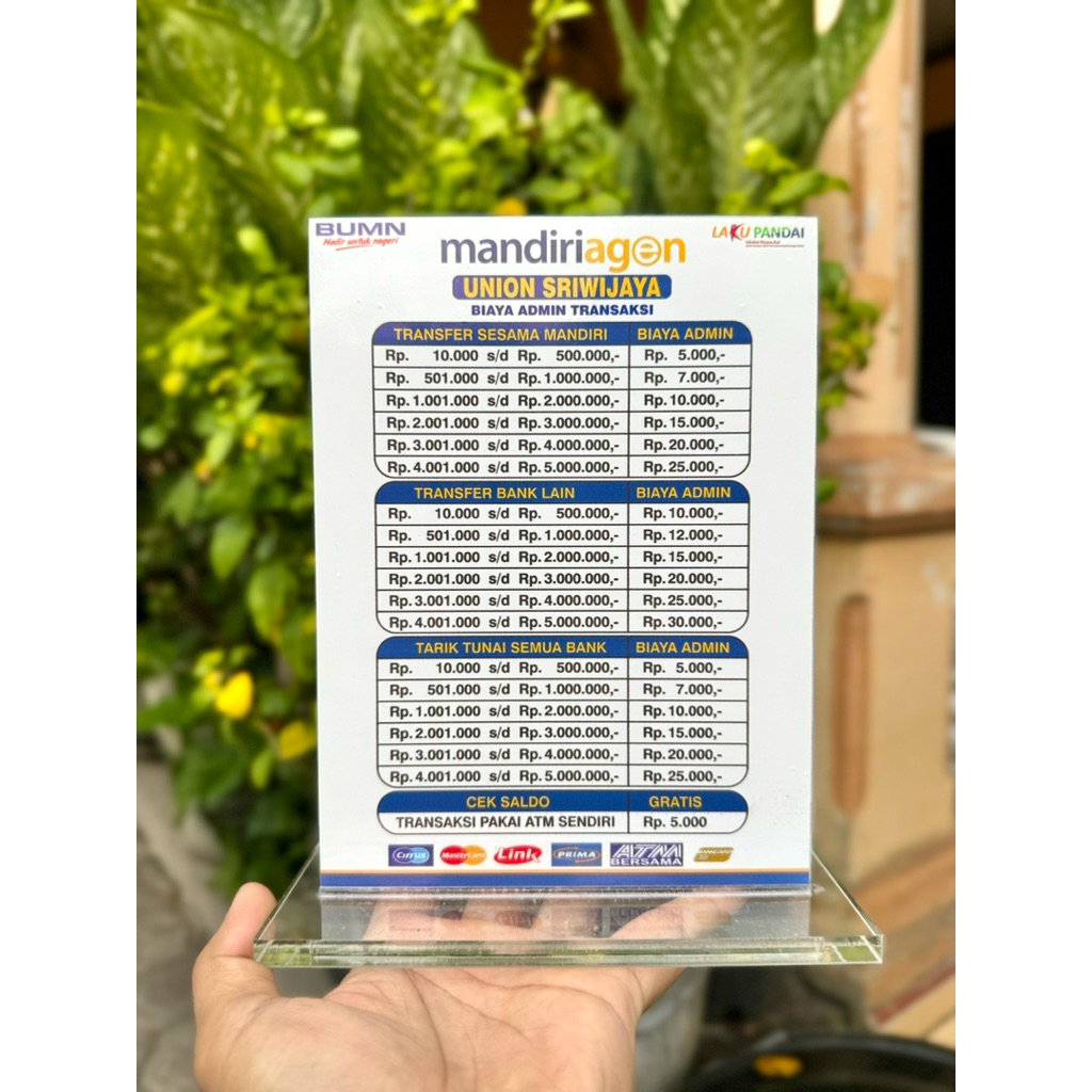 

BISA CUSTOM AKRILIK MEJA AGEN BANK MANDIRI UKURAN 15x20cm BAHAN KUAT TEBAL BERKUALITAS
