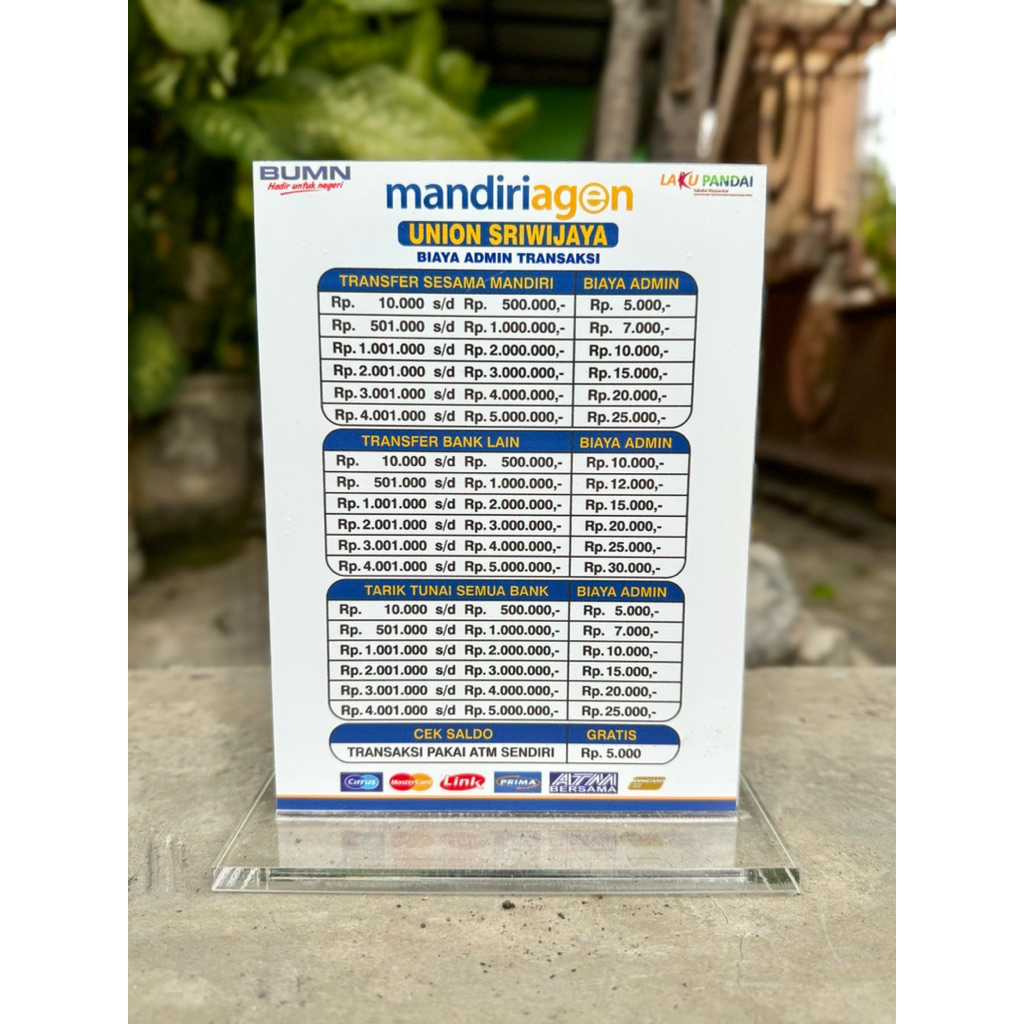 

UKURAN 15x20cm AKRILIK MEJA AGEN BANK MANDIRI BISA CUSTOM / EDIT TARIF BAHAN TEBAL BERKUALITAS