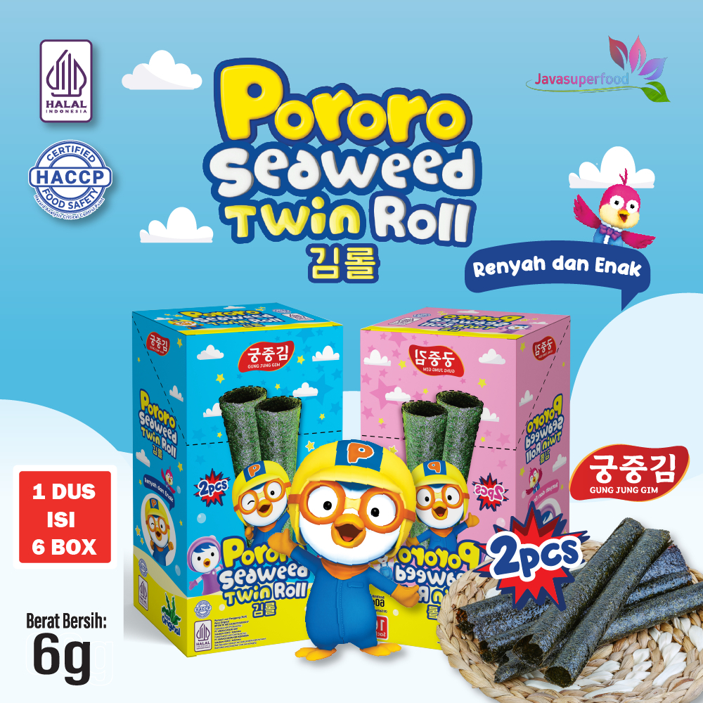 

(HALAL) PORORO SEAWEED TWIN ROLL 1 KARTON / SNACK DOUBLE NORI ROLL / SNACK RUMPUT LAUT 6 GR
