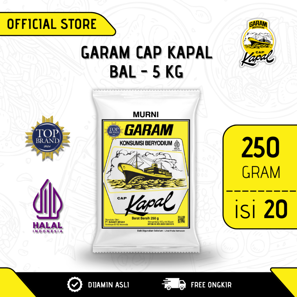 

Paket 1 Bal (5 KG) - Garam Cap Kapal 250 Gram Isi 20 pcs