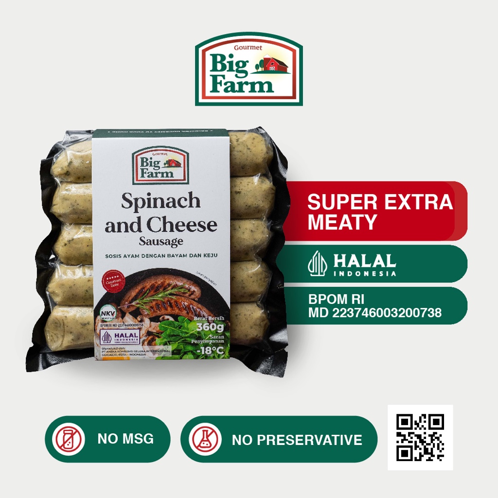 

Big Farm Spinach & Cheese Sausage Chicken 360gr (5 pcs) - Sosis Ayam dengan Bayam dan Keju
