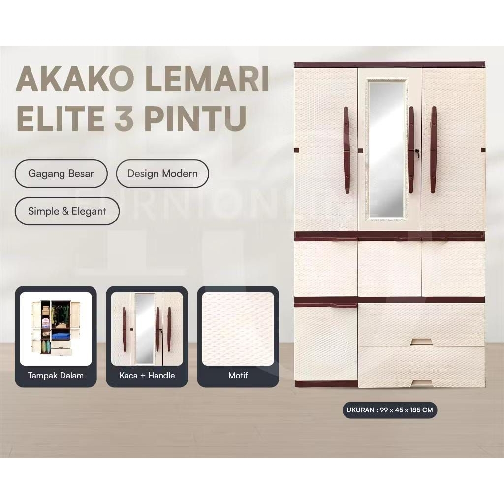 LEMARI PLASTIK LP3P SUPER JUMBO BESAR AKAKO ELITE 3 PINTU LACI GANTUNG CERMIN MURAH