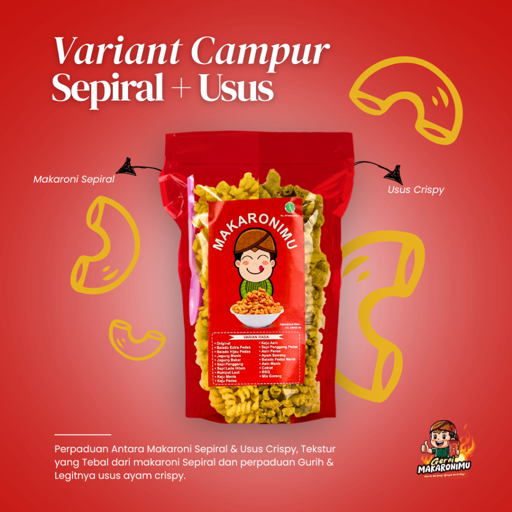 

Gerai Makaronimu | SEPIRAL MIX USUS CRISPY | Usus Pedas / Usus Pedas Daun Jeruk / Usus Crispy