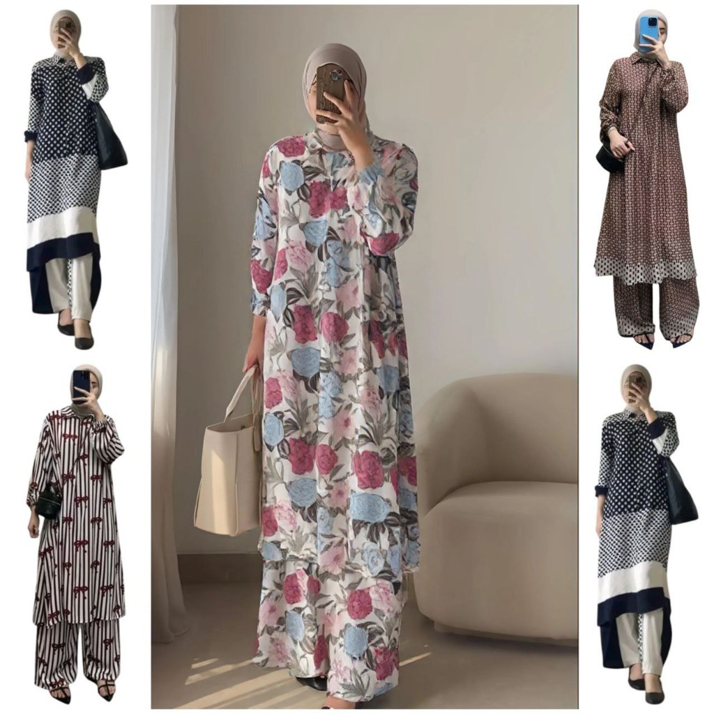 Duma Set Tunik - One Set Wanita Kekinian Rayon Premium Setelan Wanita Celana Panjang Kulot LD 110 cm