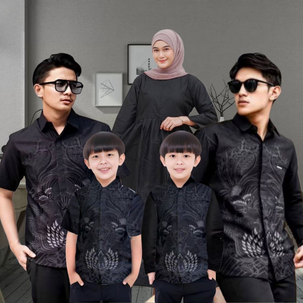 Batik Couple Keluarga Hitam Elegan – Kemeja Ayah Anak & Gamis Ibu | Baju Sarimbit Modern