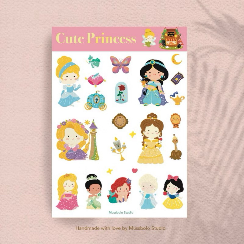 

Disney princess sticker sheet | Cinderella, aurora, snow white, belle, yasmin, atiel mermaid, mulan