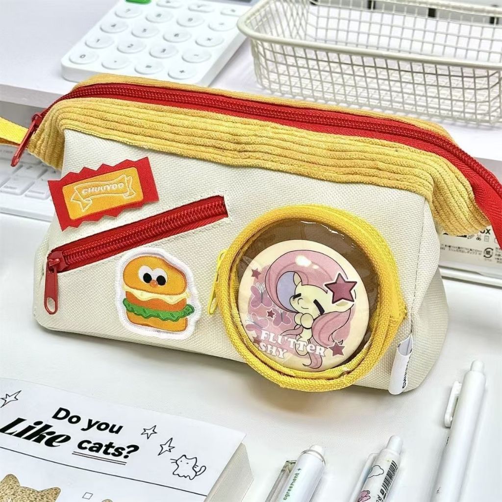 

Super cute red and yellow burger pencil case, cute large capacity pencil case, student multi-layer multifunctional stationery