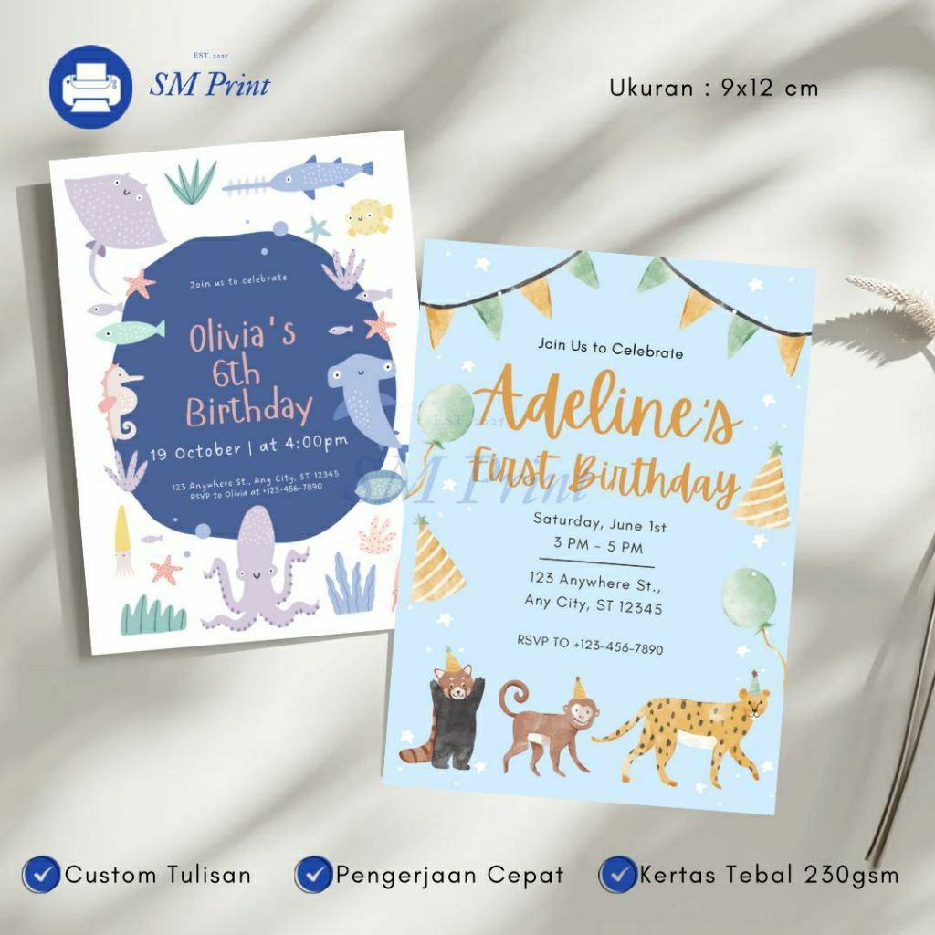 UNDANGAN Ulang Tahun Anak, Birthday Invitation Custom, Cetak Undangan Kids Animal Sea