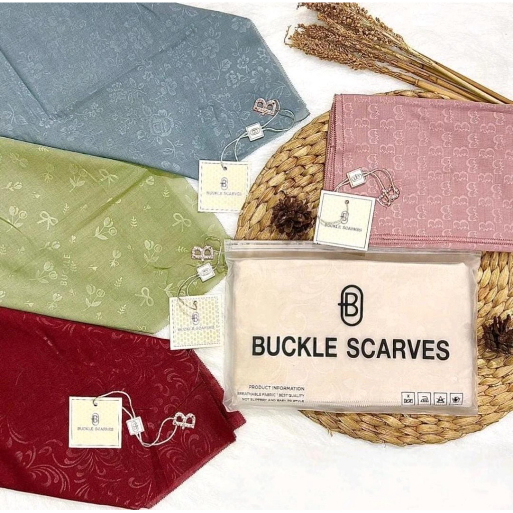 HIJAB BUCKLE SCARVES MONOGRAM EMBOSS TIMBUL PREMIUM ORIGINAL TERBARU FREE POUCH SEGI EMPAT METAL LOG