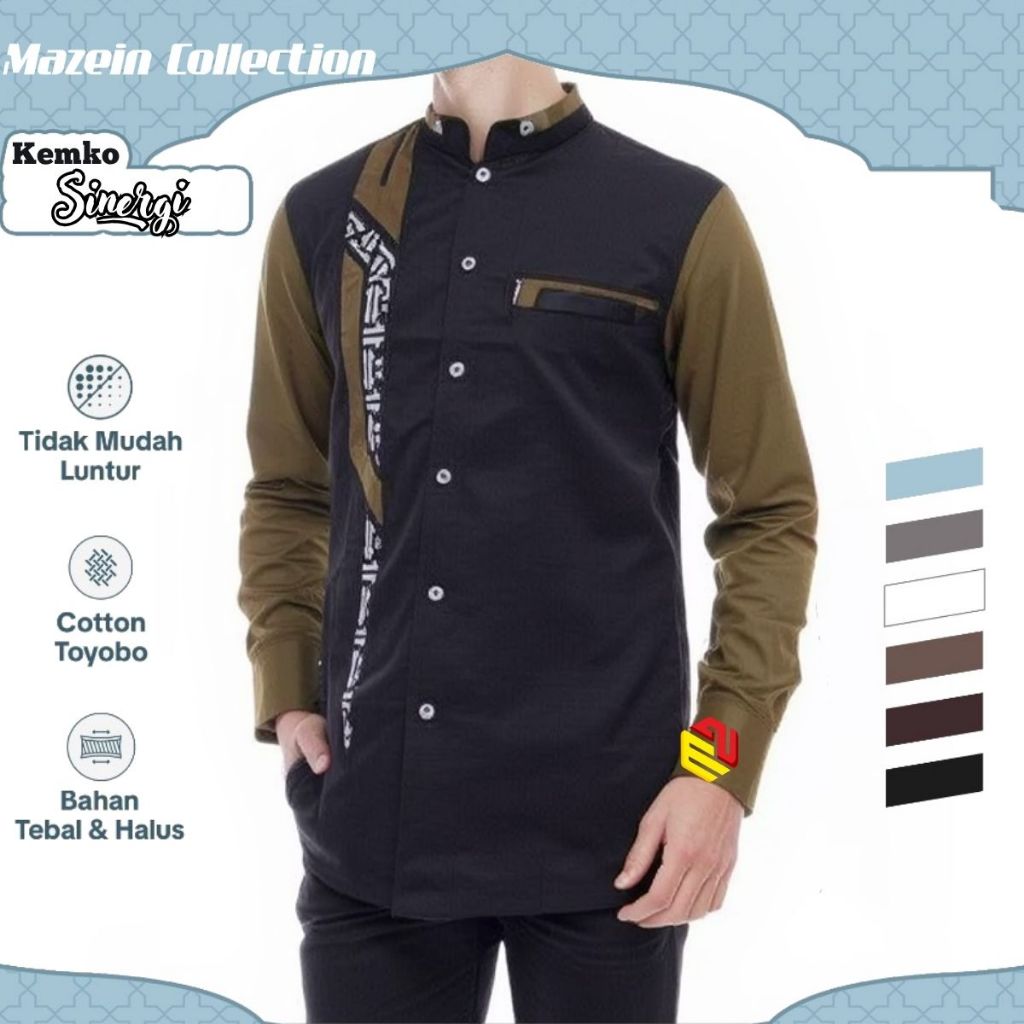 Baju Koko Muslim Pria Kombinasi Batik Lengan Panjang Original Hilwa Collection Motif Sinergi Hitam