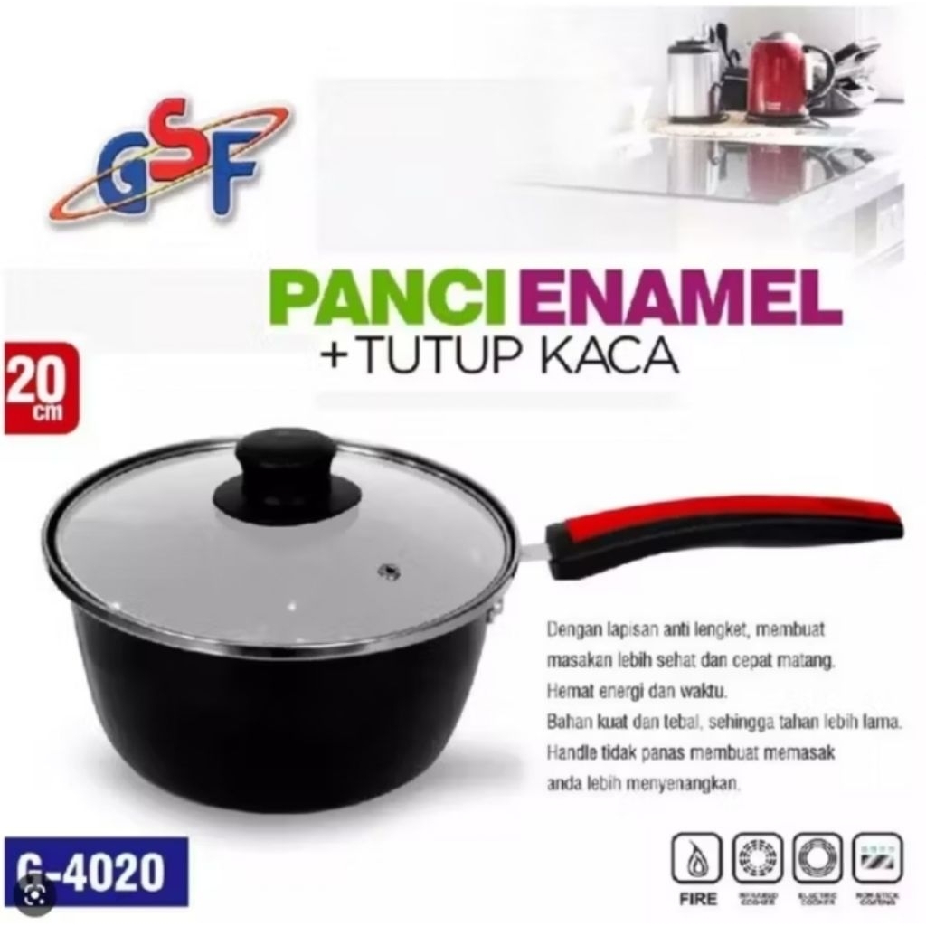 PANCI SUSU ENAMEL GSF G-4020 20CM/panci kuah gsf/panci enamel gsf/panci tutup kaca/panci gagang gsf
