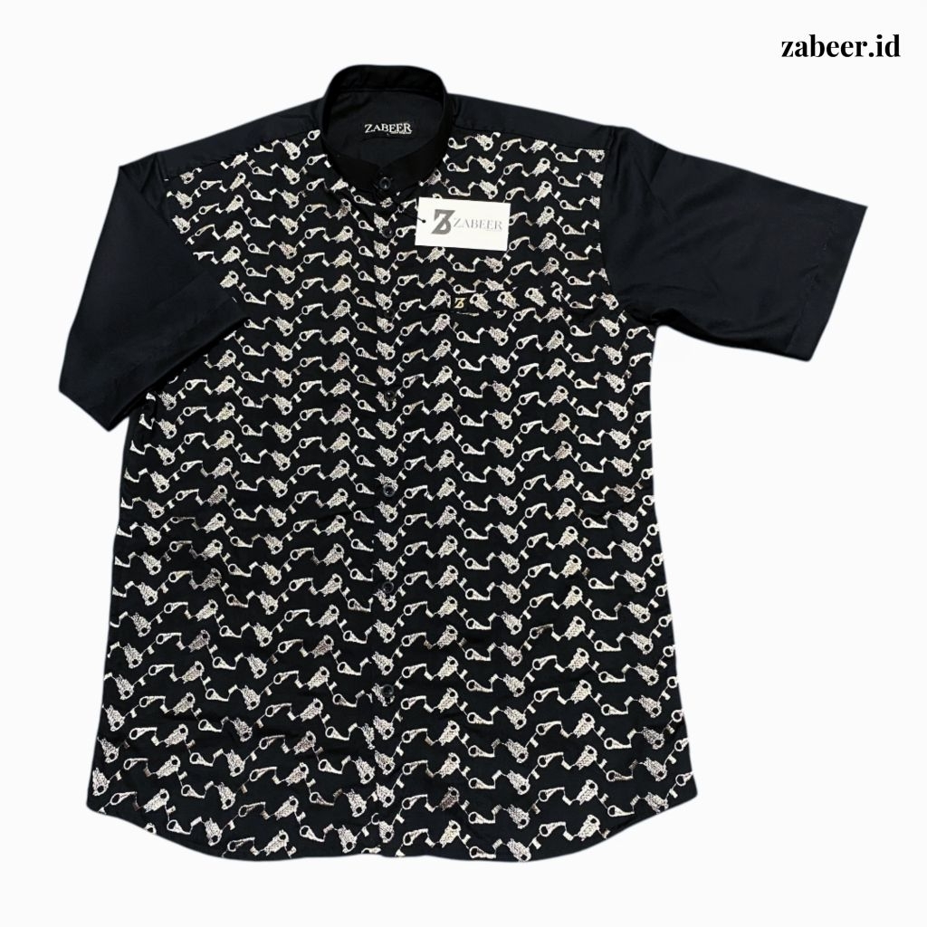 ZABEER Kemeja Koko Pria Brokat Kombinasi Hitam - STAR
