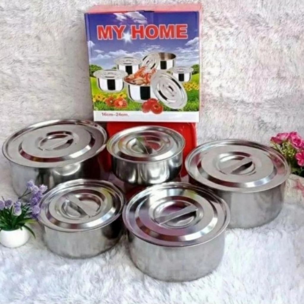 Panci Beranak Susun 5 in 1 Stainless Set / Panci Set 5 pc / Wadah Sayur Stainless Tutup 5 in 1 My Ho