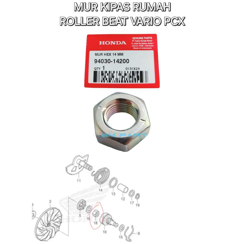 Mur Kipas Rumah Roller Nut Hex 14mm Beat Vario PCX 94030-14200