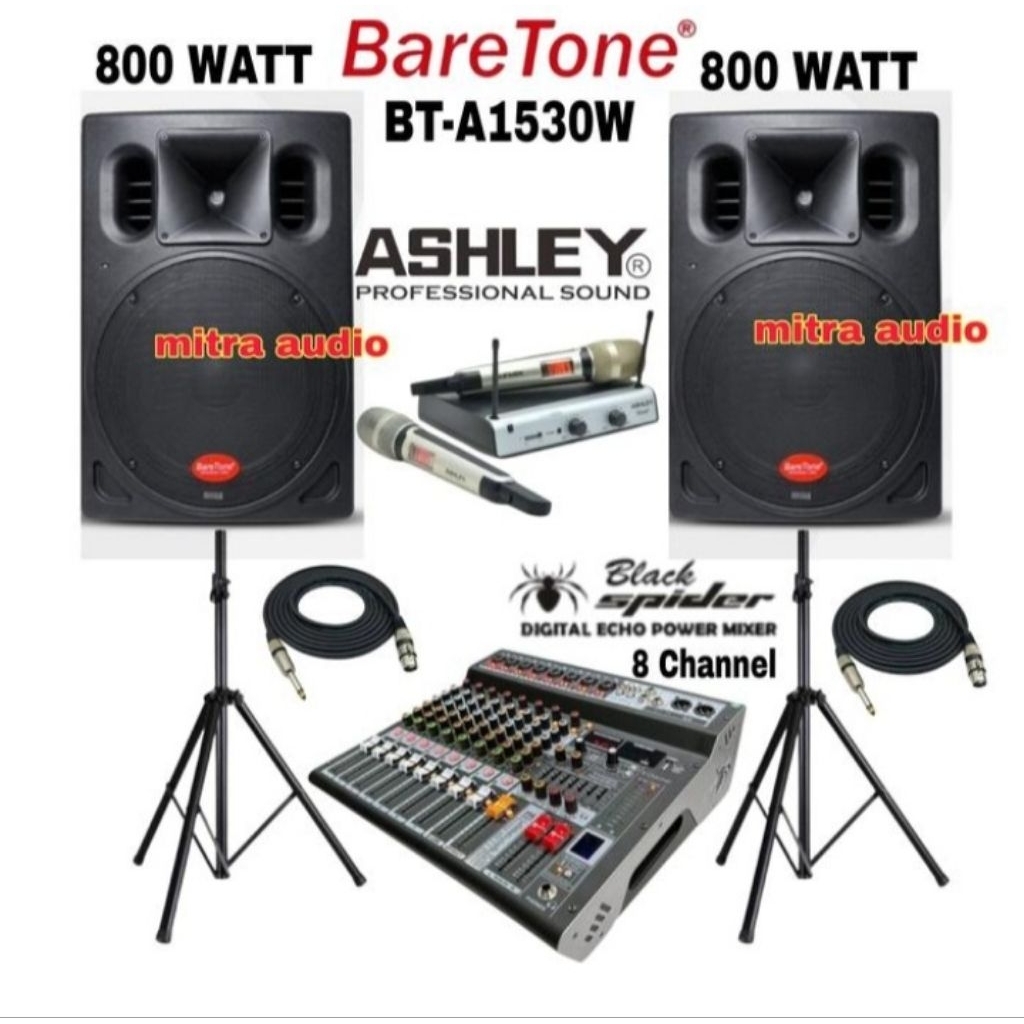 Paket sound system speaker pasif BARETONE 15 inch 800watt power mixer 8ch BLACKSPIDER mic wireless A