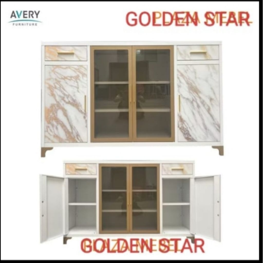 Bufet Pendek Besi Avery HST 4 Pintu Marble/ Sideboard Meja TV Metal Kabinet Credenza
