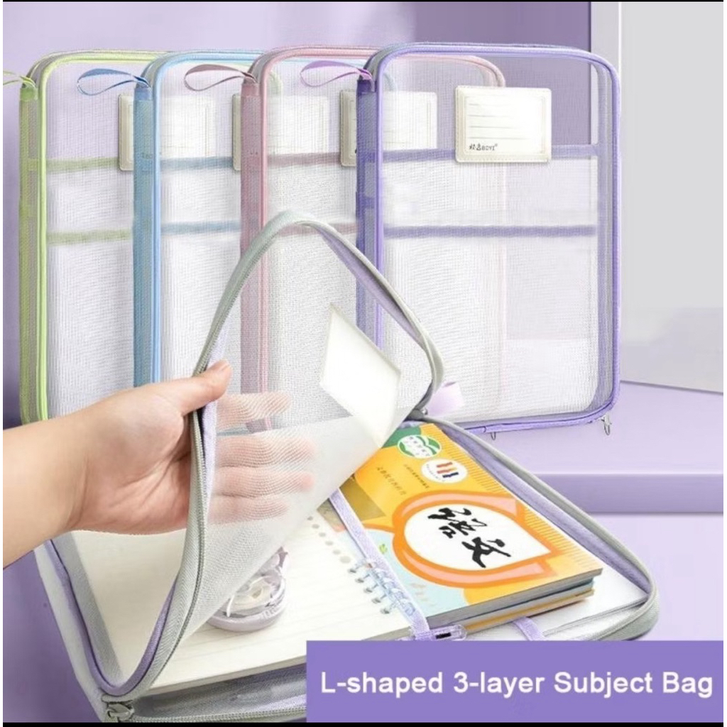 

readystock Tas Dokumen Transparan 3 Lapis / Tas Buku Portabel Jaring Tas Penyimpanan Kertas