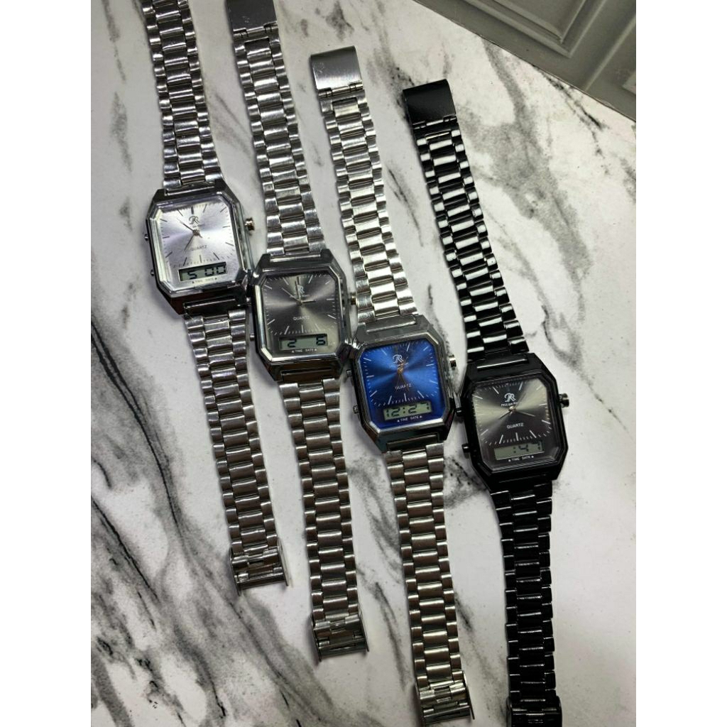 ￼PhiLipe Ricci Jam Tangan Wanita dan pria dual time Original Tali Rantai Stainless steel Dial Kotak 