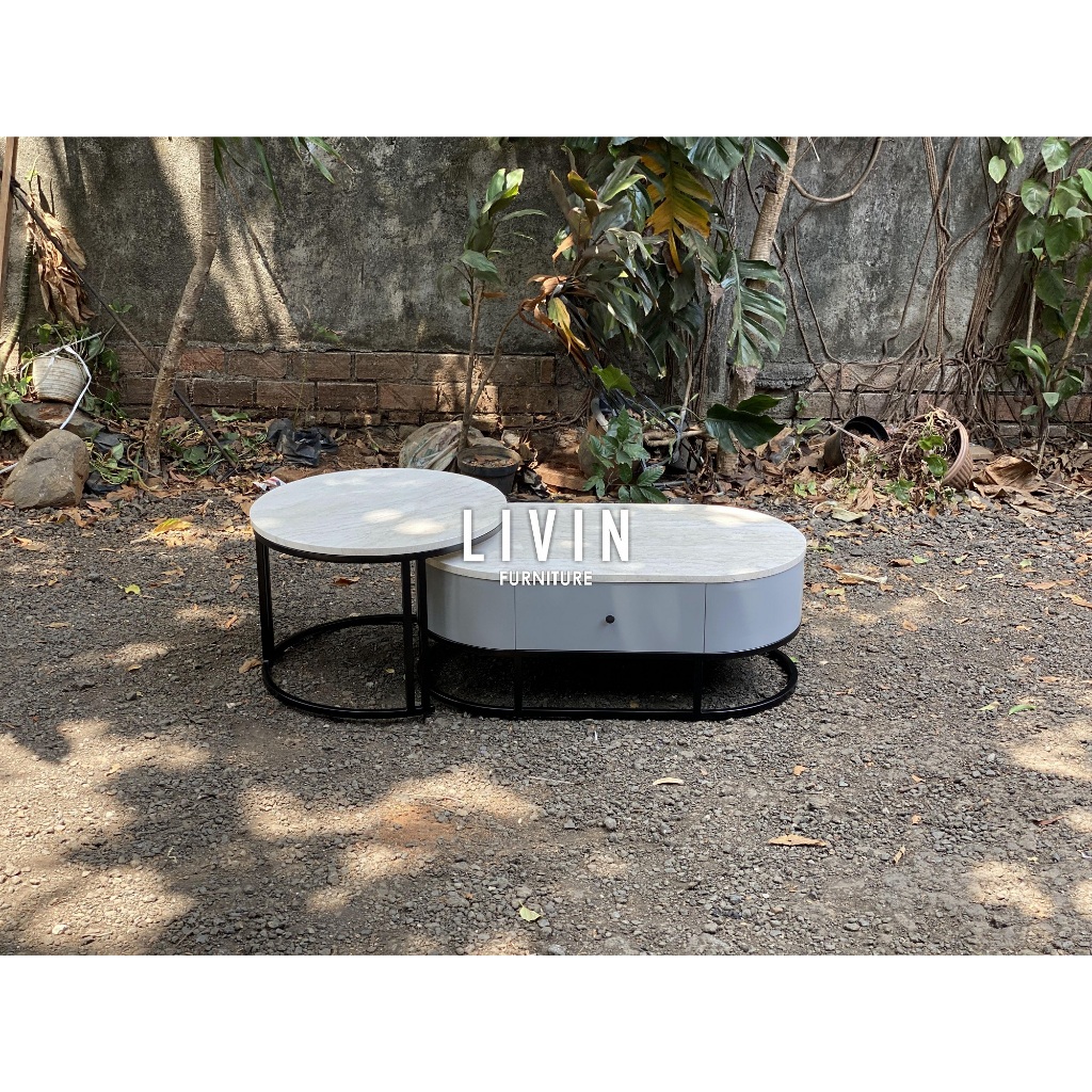 Meja Tamu Marmer Kaki Besi Hitam Modern Mewah