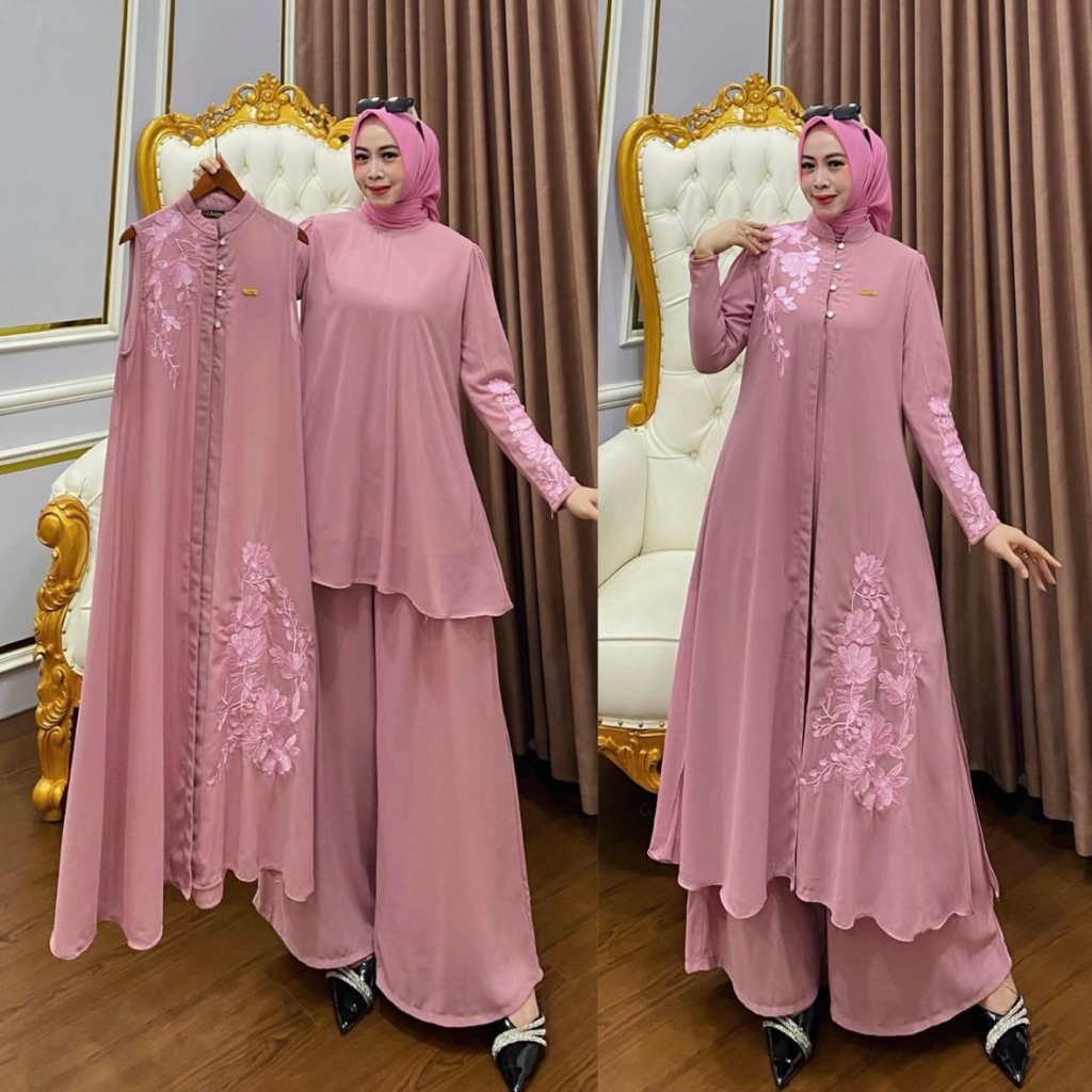 Terbaru Syauqi.Series - Setelan Celana Wanita Muslimah 3In1 Gamis Bordir Bahan Ceruty Babydoll