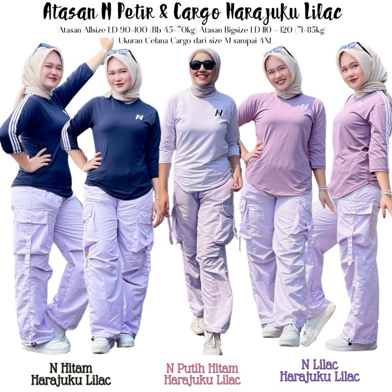 KODE P14J 1Set Atasan N Petir  Harajuku Lilac Atasan Baju Bahan Spandek Celana Cargo Bahan Parasut U