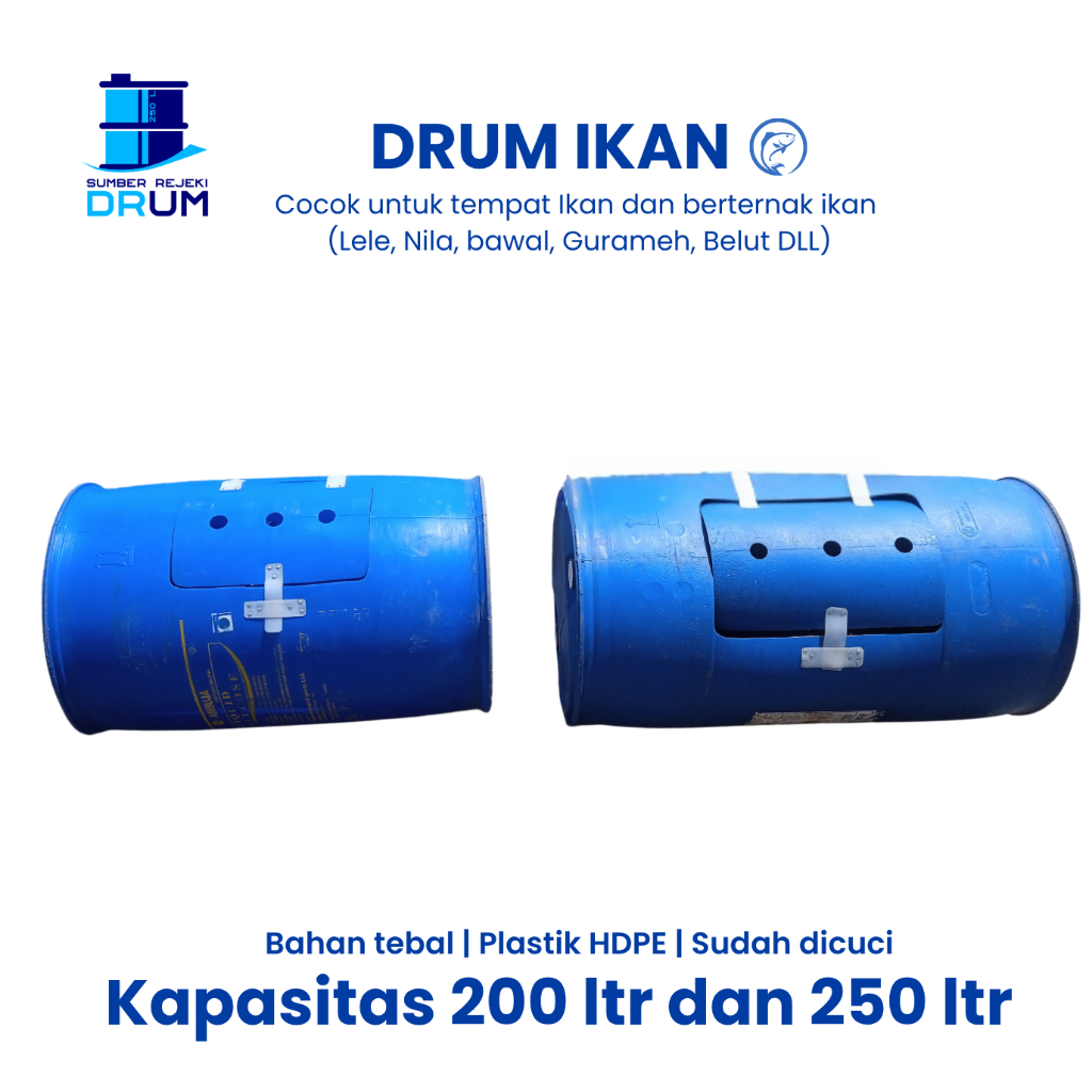 Drum plastik Ikan 200L atau 250L . Tempat Ikan Hidup & alat angkut ikan. Cocok untuk Lele / Nila / b