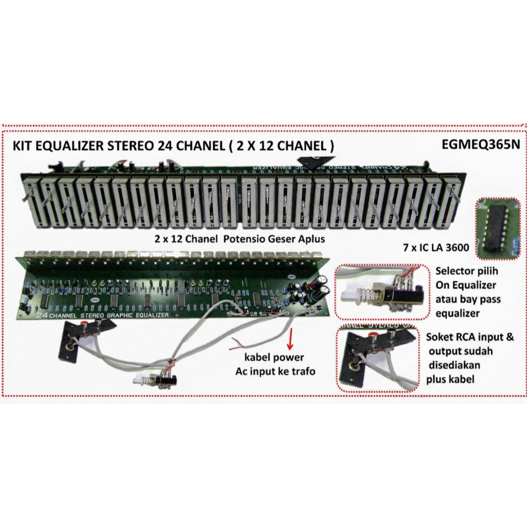 Equalizer 2 x 12 Chanel LM324 GM 365N Original 7 x IC LA 3600 dengan Kabel Power dan Input AC ke Tra