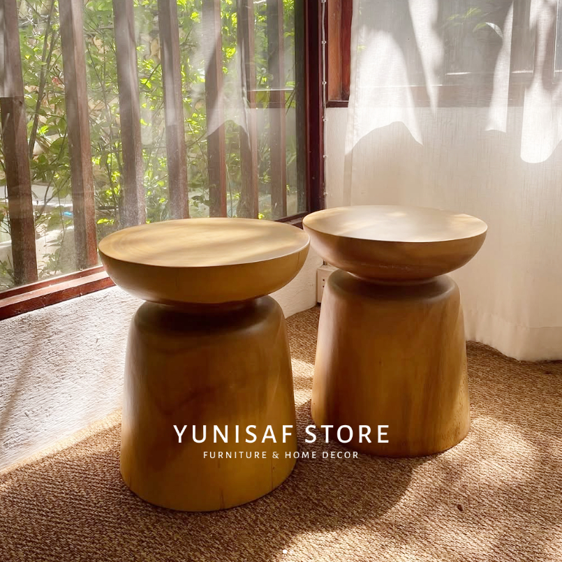 Stool Bundar Kayu Solid Warna Walnut