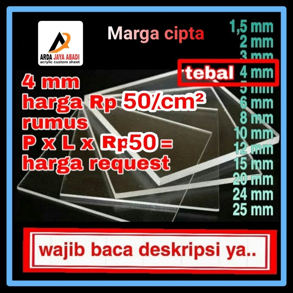 

akrilik 4mm bening custom Rp50/cm² akrilik lembaran custom ukuran marga cipta bebas ukuran