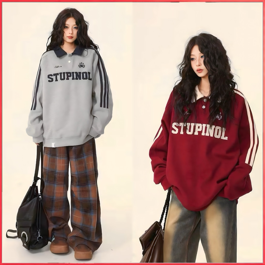 Pariroo Sweater Oversize Korea Wanita & Pria | Model Retro Streetwear “STUPINOL”, Tebal & Adem | Swe