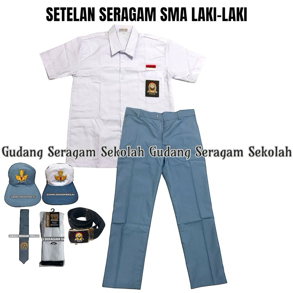 Setelan Seragam SMA SMK Laki-Laki Baju Putih Lengan Pendek dan Celana Abu Panjang Lengkap dengan Das