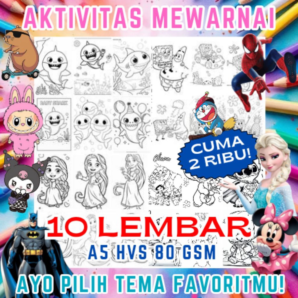 

10 LEMBAR KERTAS MEWARNAI ANAK/TK/PAUD/SD UKURAN A5