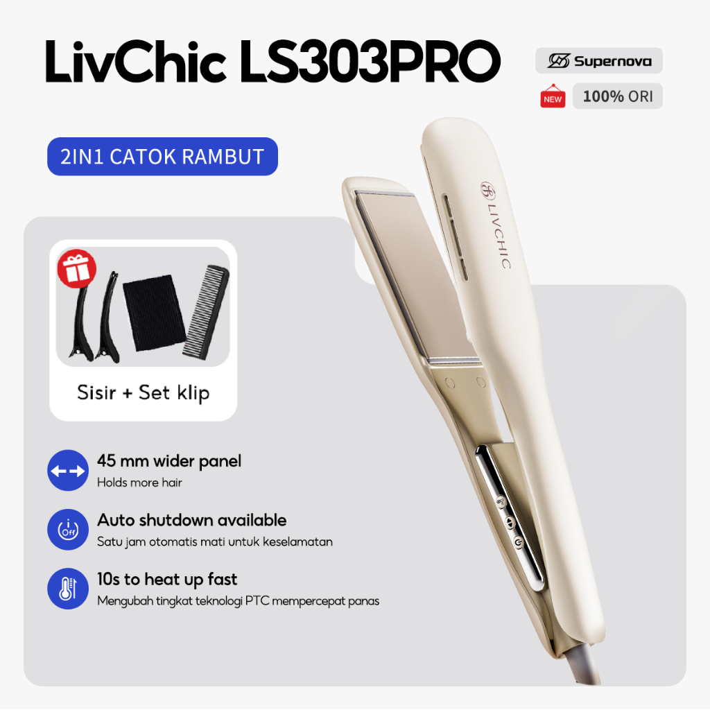 LivChic 2IN1 LS303S LS303 PRO Catok Rambut 45MM Panel Meluruskan Keriting Alat pengeriting rambut