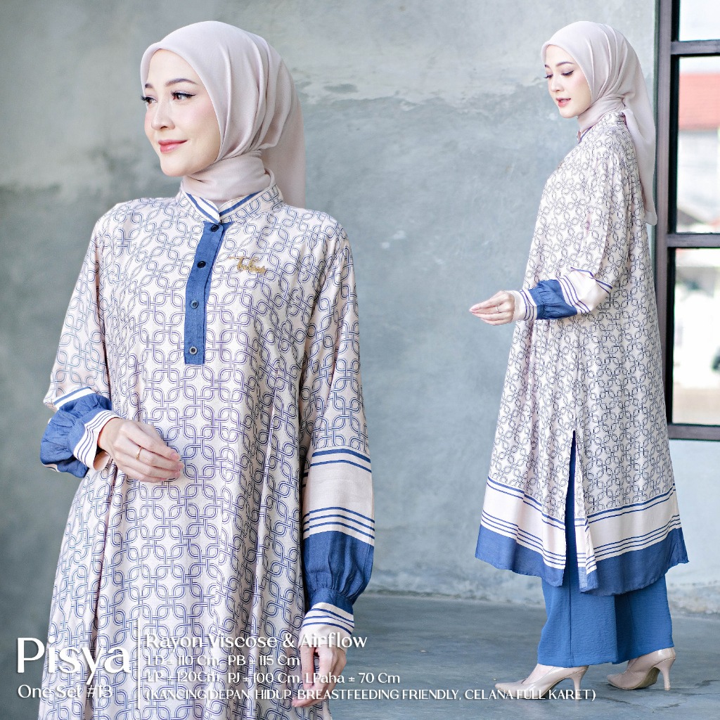 Pisya Setelan Wanita Muslim Rayon Viscose Mix Airflow Motif Etnik Batik Kombinasi Polos