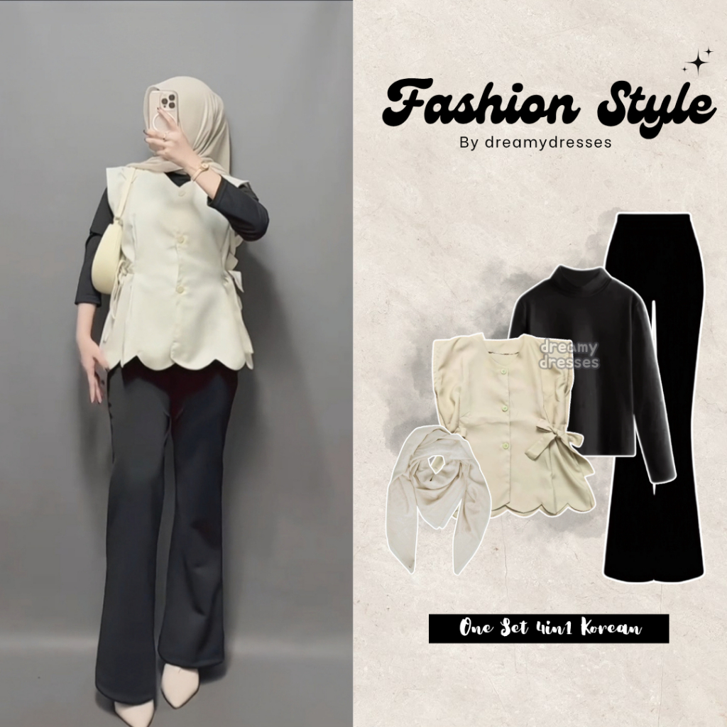 [DREAMY] One Set Hijab Wanita Kekinian – OOTD Remaja | Set 4in1 Vest, Manset, Cutbray, Hijab | OOTD 
